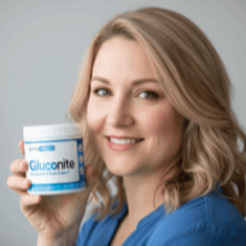 Emily, a working mom, smiling after using Gluconite and feeling more rested with improved sleep and daily energy